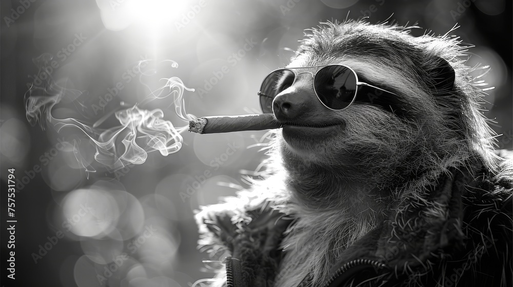 Fototapeta premium a sloth smoking a cigarette in a black and white photo with a boke of smoke coming out of its mouth.