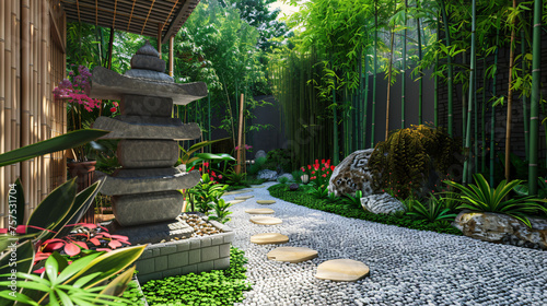 Apanese garden with bamboos and stone lantern photo