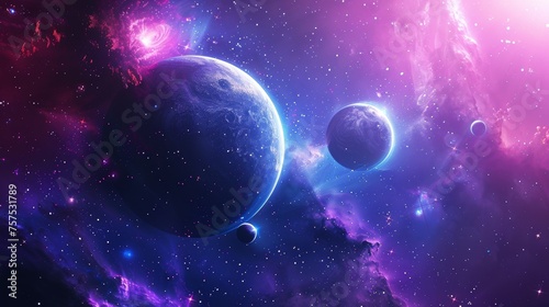 Celestial geometric abstract background with planets and cosmic elements in deep space.