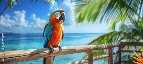 A colorful parrot perched on the wooden deck of an exotic beachside resort Generative AI