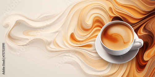 Abstract 3D coffee background, a cup of coffee against a background of soft waves and lines in brown tones, latte art, top view photo