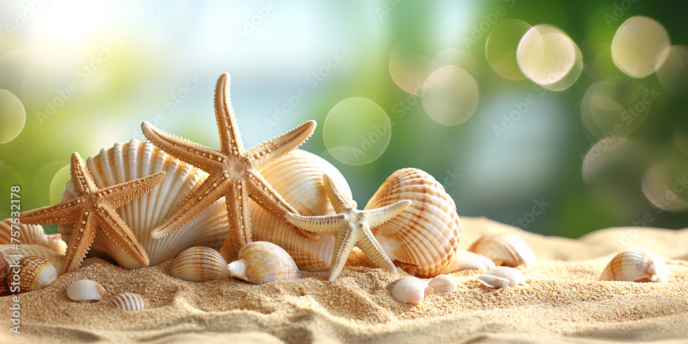 Seashells and starfish on the sand, beautiful summer sea background Seashells and starfish on the sand, beautiful summer sea background
