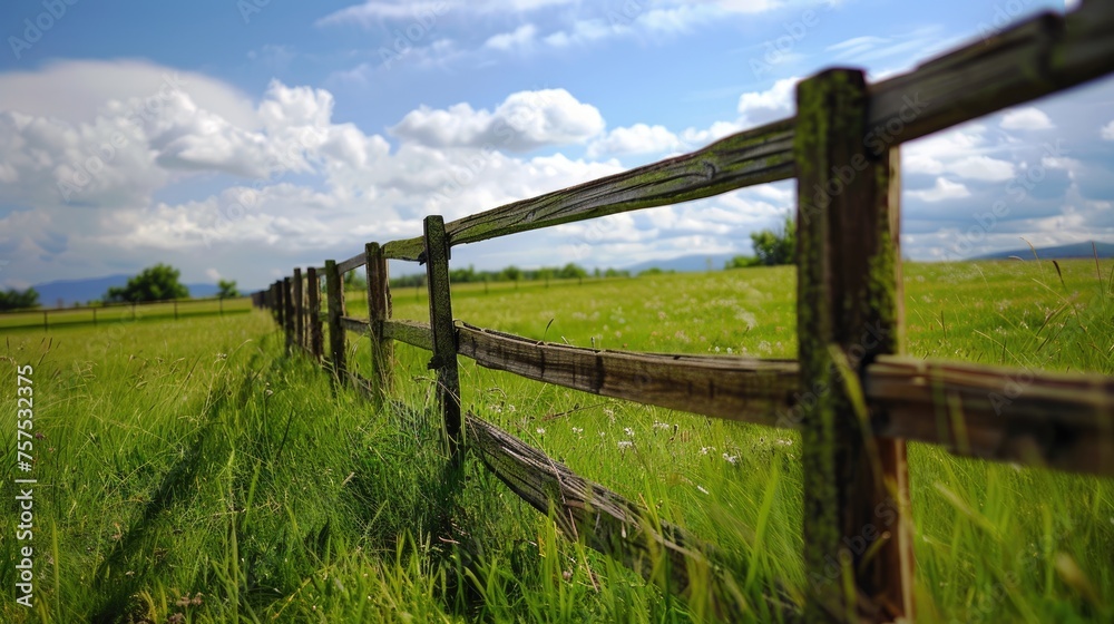 Wooden Field Fence in Rural Landscape with Green Grass and Blue Sky - Nature and Farm Concept