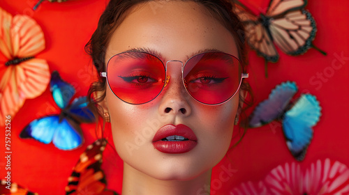 Beautiful fashion model woman with sunglasses, Fashion portrait isolated on red butterflies background 