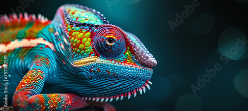 A colorful chameleon is a marvel of nature, dark background © Kateryna Kordubailo