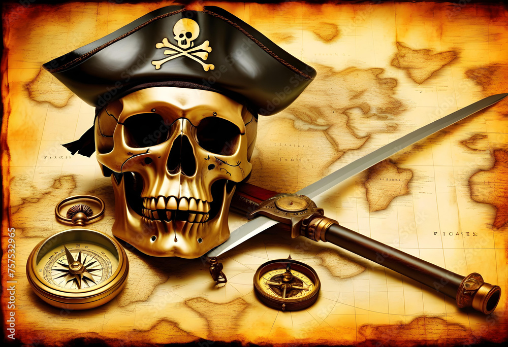 Pirate skull and saber and an old compass, ancient map. Background on ...