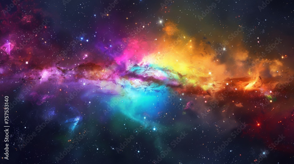 Cosmic galaxy illustration with stars and nebula on a black background, highlighted by a rainbow flare.