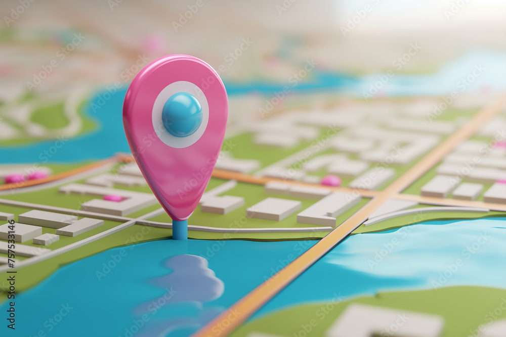 Pink location pin with a blue center stands prominently on a stylized map, marking a specific point of interest beside a representation of blue water, with streets and buildings surrounding the area. Pink location pin with a blue center stands prominently on a stylized map, marking a specific point of interest beside a representation of blue water, with streets and buildings surrounding the area.