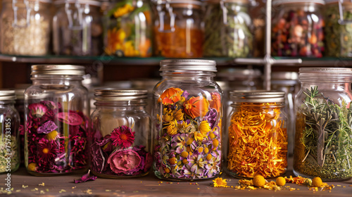 Assorted glass jars filled with vibrant dried