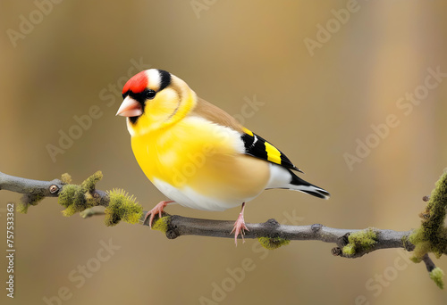 Cute male of goldfinch lugano bird with yellow plumage sitting on thin leafless twig in forest