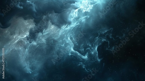 Dark, swirling cosmic smoke against a space-like background, with starry ground lighting.