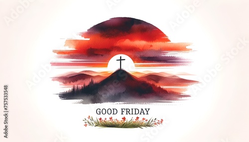 Watercolor illustration for good friday with a large cross on a hill at sunset. photo