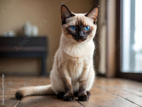 Siamese cat sitting on a wooden floor. cat in a room with natural light. white and black cat with blue eyes. cozy atmosphere © larissa galles