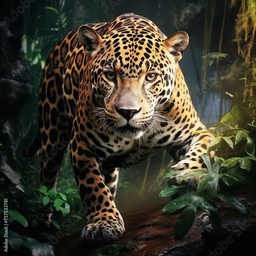 Leopard lurking in the leaves in the jungle. Wild cat portrait in leaf