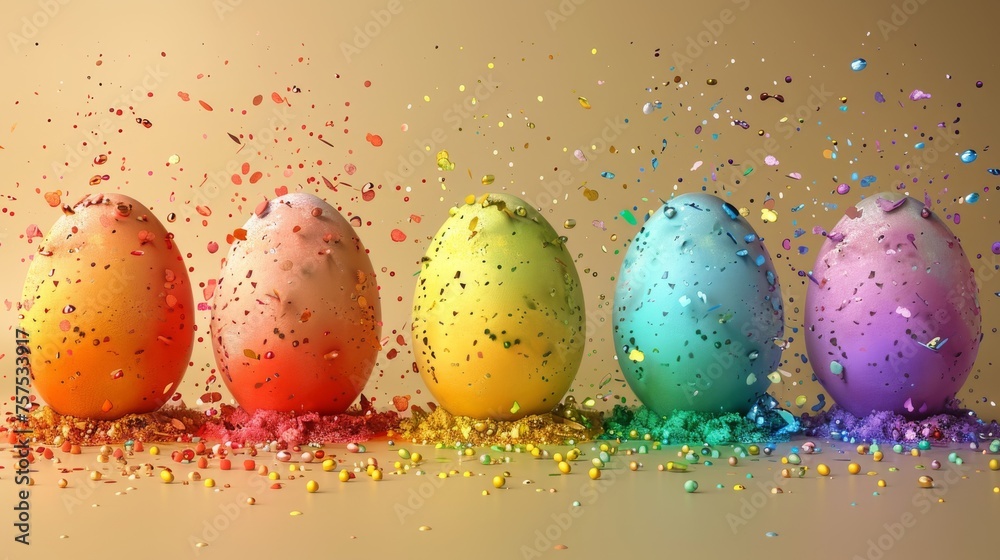 a row of colorful eggs with sprinkles and confetti on a beige background with a brown background. a row of colorful eggs with sprinkles and confetti on a beige background with a brown background.