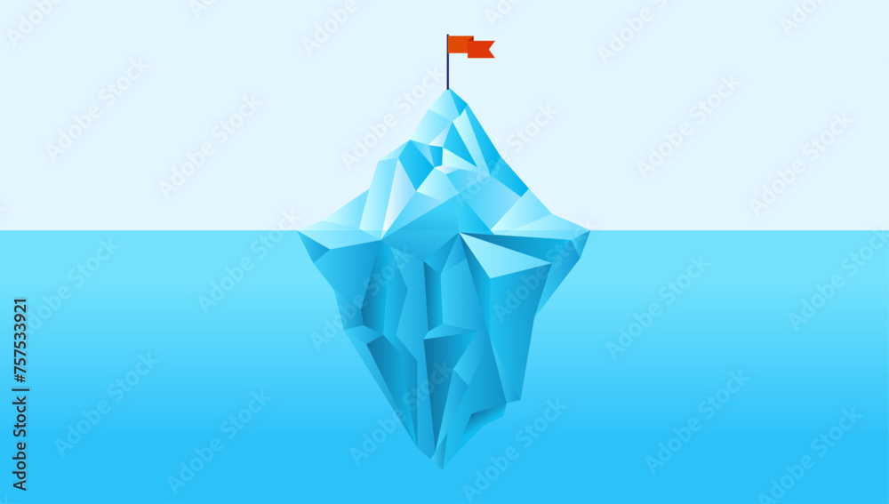 Obraz premium Iceberg mountaintop with flag on top - Business goal metaphor of tall ice berg in ocean landscape divided with half under water and above sea level. Flat design vector illustration in blue colours