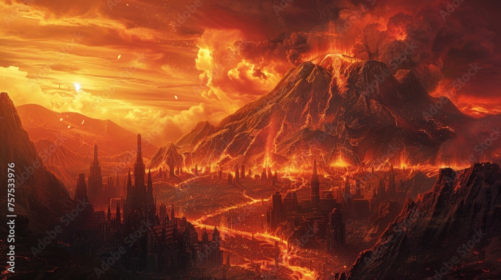 Dramatic illustration of the last moments before a volcanic apocalypse, with cities in the path of flowing lava.