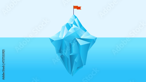Iceberg mountaintop with flag on top - Business goal metaphor of tall ice berg in ocean landscape divided with half under water and above sea level. Flat design vector illustration in blue colours