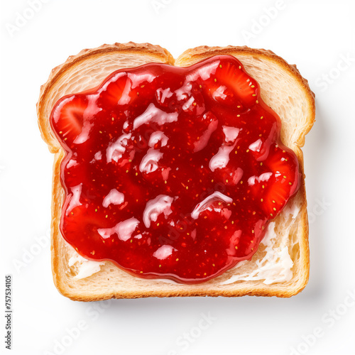 Aerial view of bright red strawberry preserves, spread over a slice of white bread. delicious berry jam on toast bread. white background top view