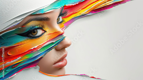 Beautiful fashion model woman with blue eyes. rainbow color art, Fashion portrait isolated on white background, copy space for text, cards, banners, posters 	
	
