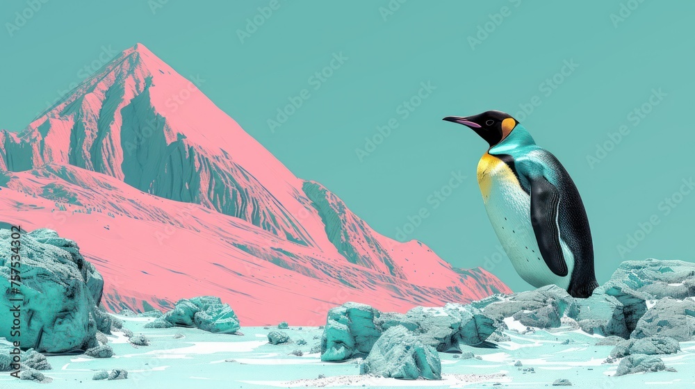 a couple of penguins standing on top of a pile of snow next to a pink and blue snow covered mountain.