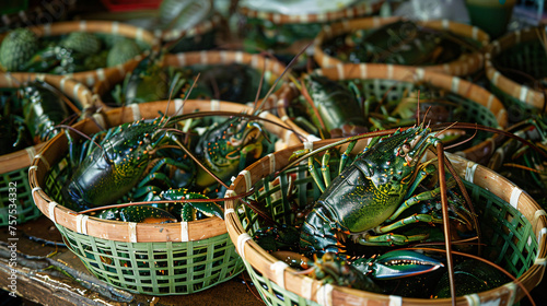 Baskets of lively green lobster with their