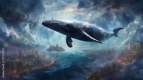 An unearthly scene where a huge whale swims through the clouds above a sleeping city, depicting the border between reality and dreams.