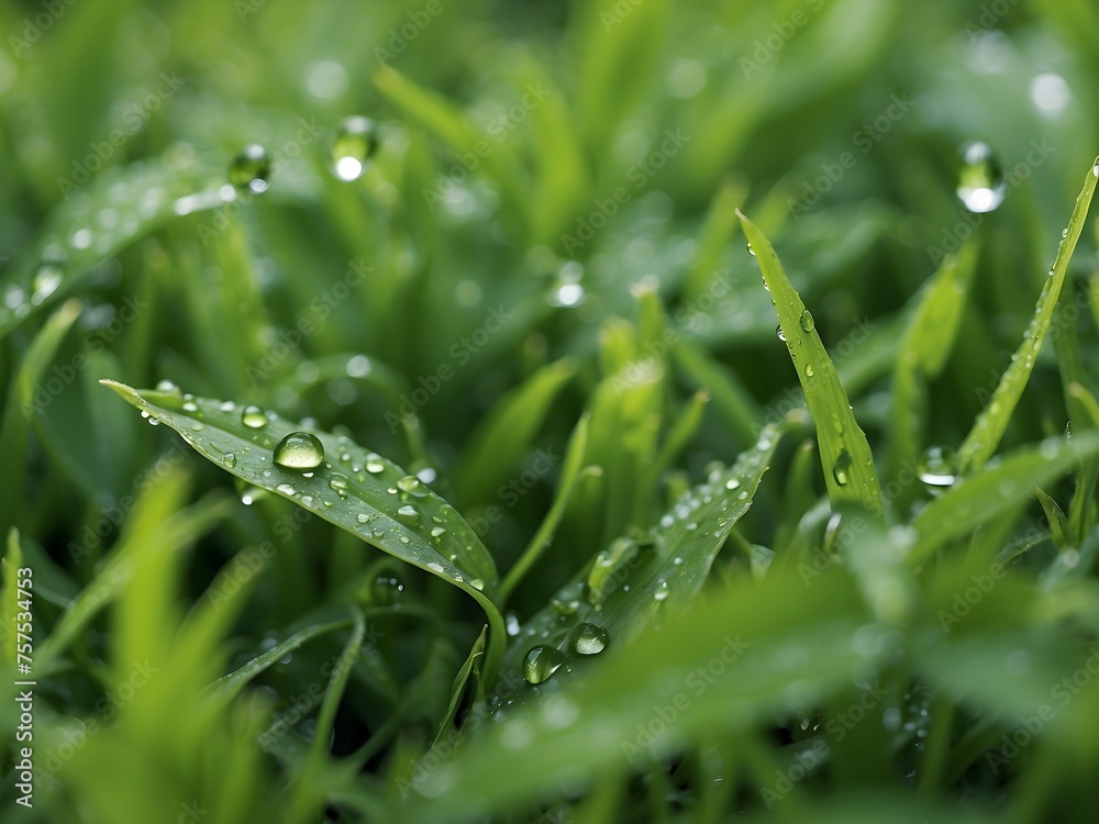 A close-up of green grass after a rain shower, with water droplets magnifying the lush, green hues and textures, generative AI A close-up of green grass after a rain shower, with water droplets magnifying the lush, green hues and textures, generative AI