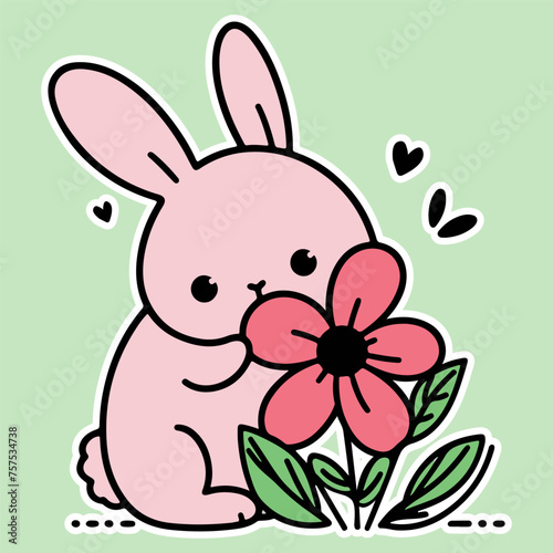 Adorable easter rabbit or bunny sniffing a flower. Sticker for easter day.