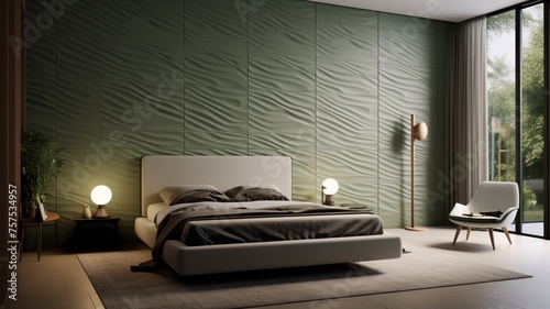 A tranquil bedroom adorned with olive and white 3D wall panels  creating a calming retreat.