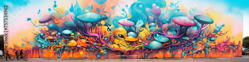 Let your imagination run wild as you gaze upon the intricate details of a psychedelic street art mural.