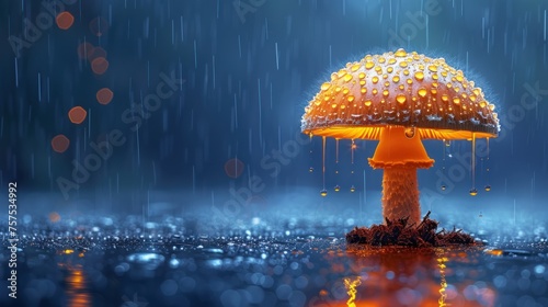 a yellow mushroom sitting on top of a puddle of water next to a dark blue background with raindrops.