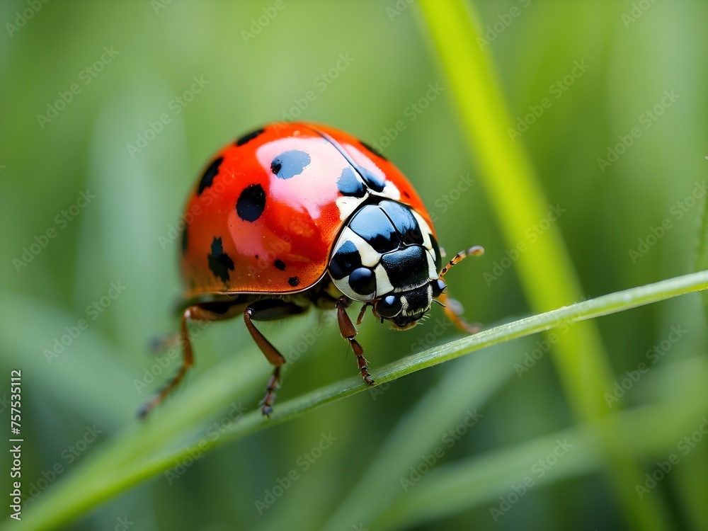 A macro view of a ladybug navigating the miniature jungle of deep green grass blades, generative AI A macro view of a ladybug navigating the miniature jungle of deep green grass blades, generative AI