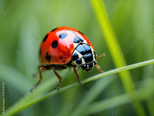 A macro view of a ladybug navigating the miniature jungle of deep green grass blades, generative AI