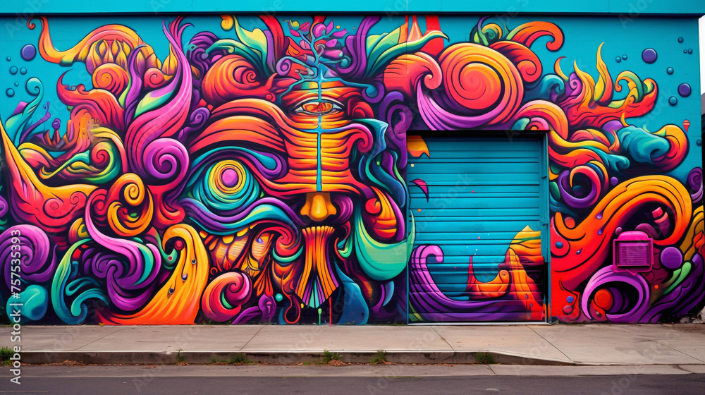 Lose yourself in the intricate patterns and bold colors of a psychedelic street art mural. Lose yourself in the intricate patterns and bold colors of a psychedelic street art mural.