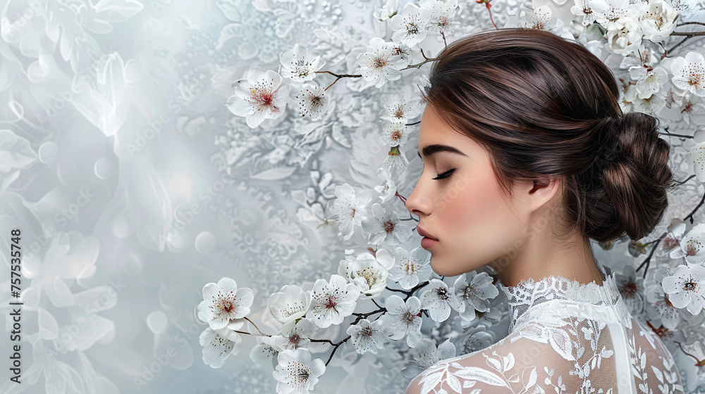 Beautiful fashion model woman with side pose and hair bun , Fashion portrait isolated on white floral background
Beautiful fashion model woman with side pose and hair bun , Fashion portrait isolated on white floral background