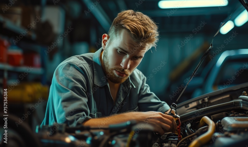 Young car mechanic is working on his car in the garage, intently checking its cables and engine. Young car mechanic is working on his car in the garage, intently checking its cables and engine.