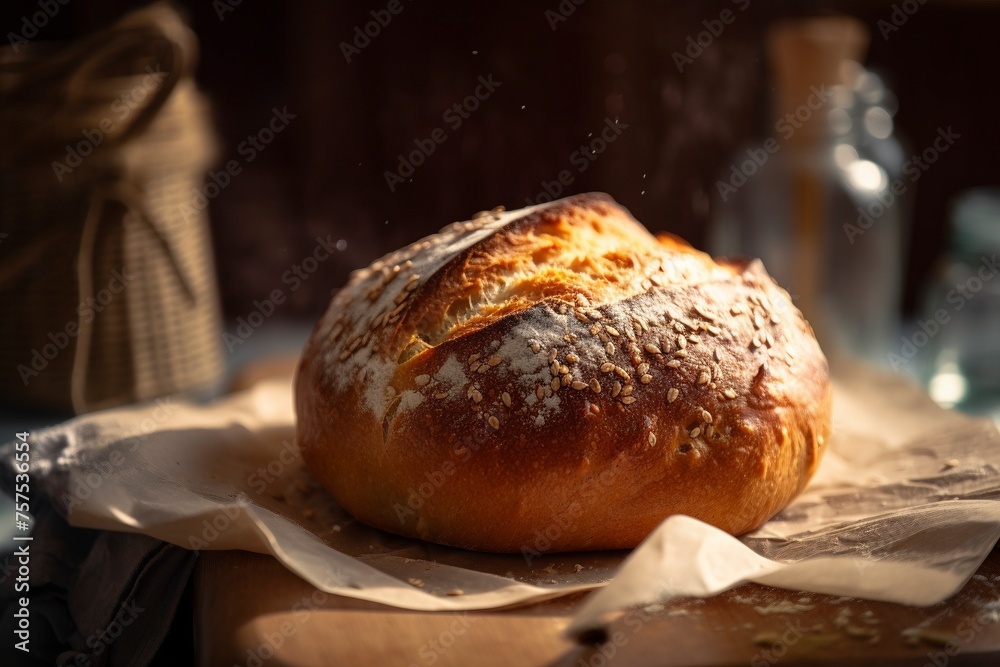 Golden Hour Glow on Freshly Baked Bread in a Rustic Kitchen Setting