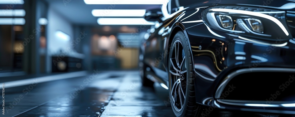 Capturing the sleek design and advanced technology of a luxury concept car, this close up highlights the intricate details of a parked vehicle's alloy wheel and synthetic rubber tire