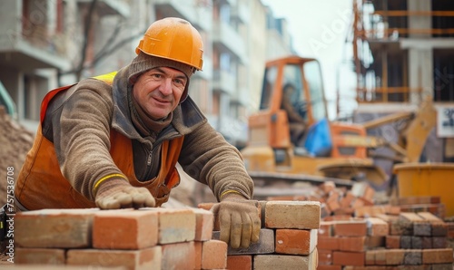 A construction worker builds a wall of fired brick, excavator on background.