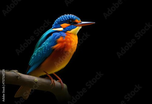 Adorable colorful alcedo atthis bird sitting on dark background photo