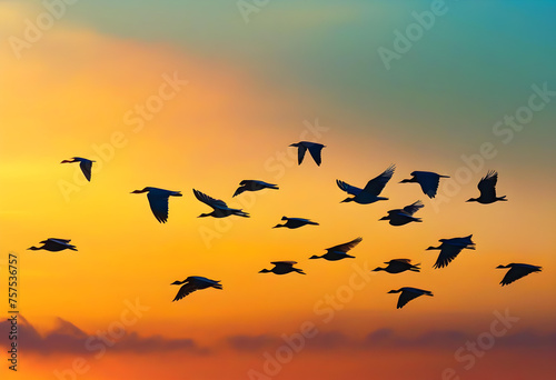 Dramatic flock of birds flying in sunset sky