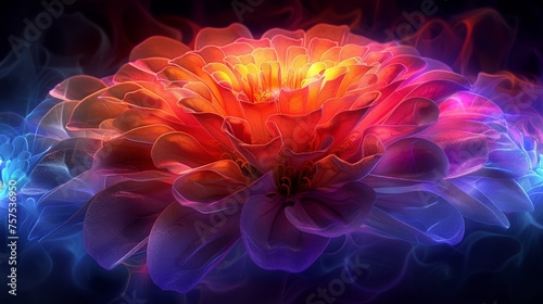 a close up of a colorful flower with smoke coming out of the center of the flower and the center of the flower in the center of the flower.