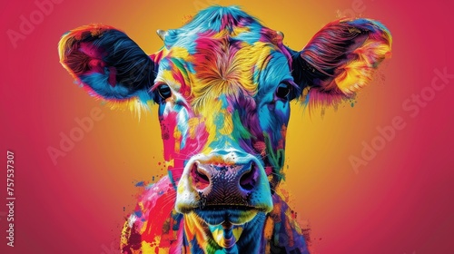 a close up of a colorful cow's face on a red, yellow, blue, and pink background.