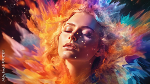 Colorful Fantasy Portrait Woman s Image Combined with Digital Paint Splash and Space Elements