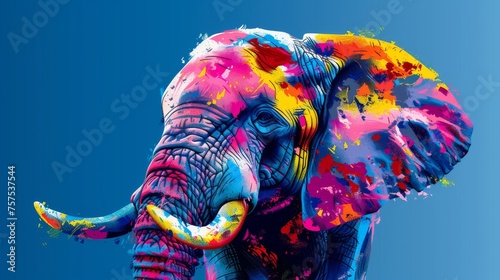 a painting of an elephant's face is shown against a blue background with a splash of paint all over it.