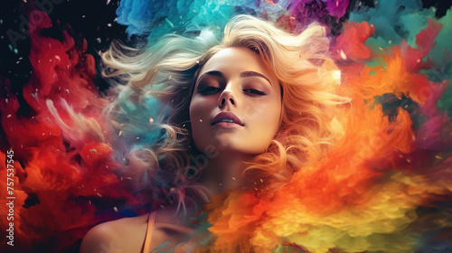 Colorful Fantasy Portrait Woman's Image Combined with Digital Paint Splash and Space Elements