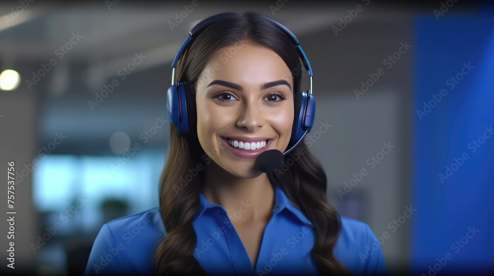 Smiling Young Woman Telemarketing in Contact Us Center with Headset and Sales Tools Smiling Young Woman Telemarketing in Contact Us Center with Headset and Sales Tools