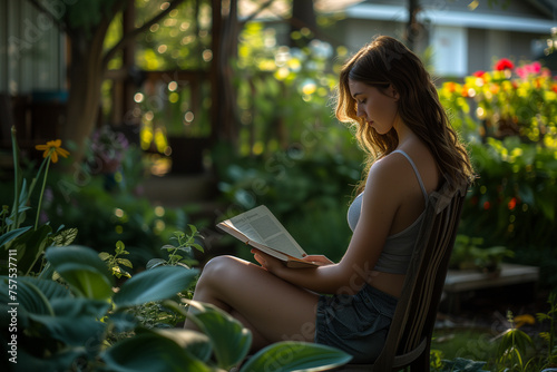 Woman reading book while sitting on chair in garden