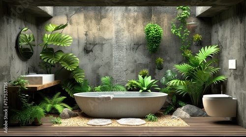 a white bath tub sitting next to a toilet in a bathroom next to a wall covered in plants and rocks.